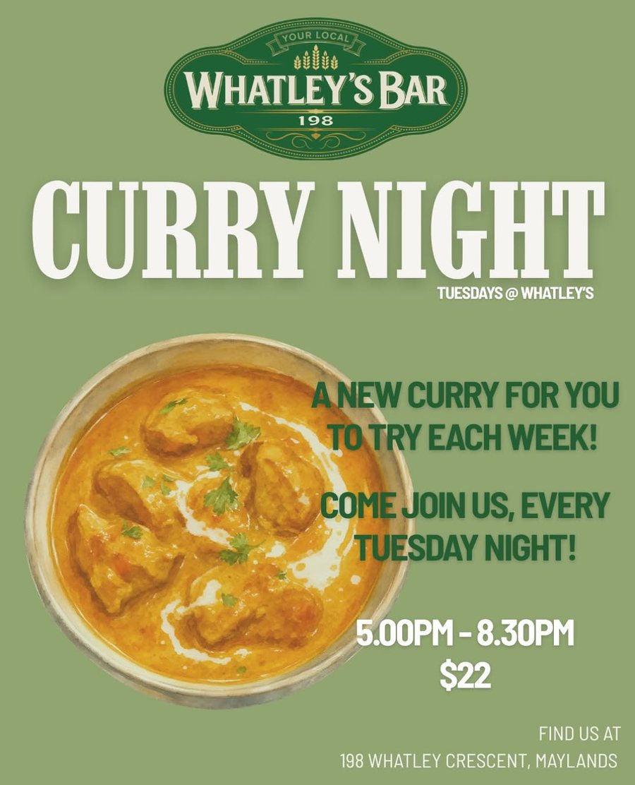 Curry Night every Tuesday — a new curry each week, $22, 5–8.30pm